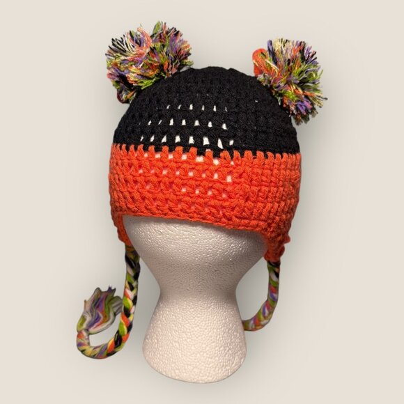 Crochet Owl Beanie Hat For Kids With Colorful Pom Poms & Braided Tassels - Picture 3 of 5